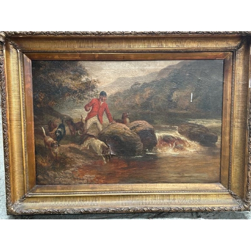 1833 - GILT FRAMED OIL ON CANVAS OF A HUNTING SCENE, SIGNED G. GODDARD 1893. DAMAGE TO CANVAS. 117 X 89CM I... 