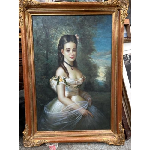 1834 - GILT FRAMED OIL ON CANVAS PORTRAIT OF A YOUNG LADY, UNSIGNED. 80 X 110CM INC. FRAME