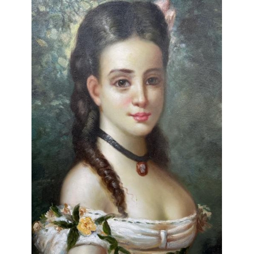 1834 - GILT FRAMED OIL ON CANVAS PORTRAIT OF A YOUNG LADY, UNSIGNED. 80 X 110CM INC. FRAME