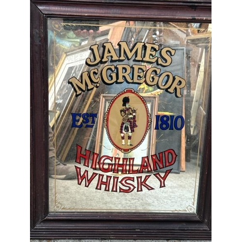 1841 - JAMES MCGREGOR HIGHLAND WHISKY ADVERTISING MIRROR IN WOODEN FRAME. PUB INTEREST. 50 X 60CM INC. FRAM... 