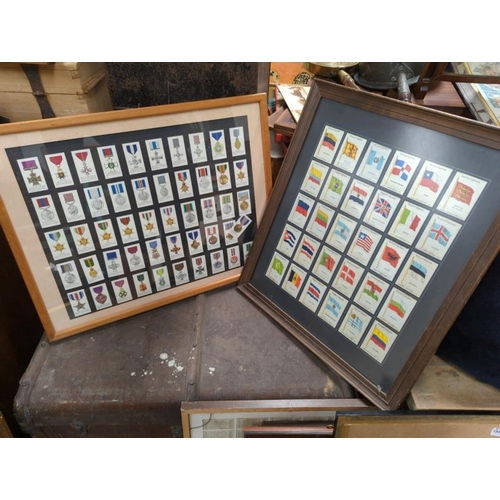 1848 - TWO FRAMED SETS OF MOUNTED CIGARETTE CARDS INC. MEDALS AND WORLD FLAGS. BRANDS UNKNOWN. LARGEST 63 X... 