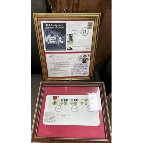 1849 - THREE FRAMED FIRST DAY COVERS, ONE CONTAINING 40TH ANNIVERSARY OF THE LIBERATION OF POW CAMP 'COLDIT... 