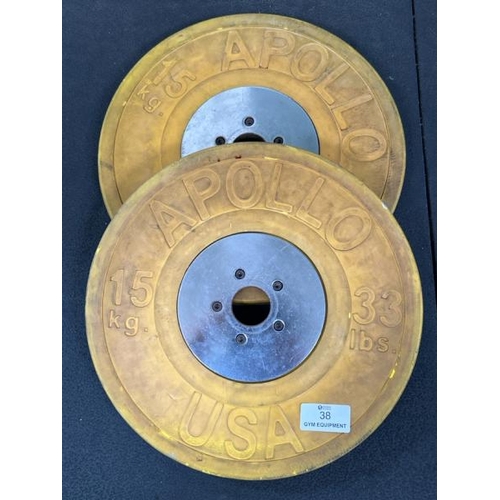 38 - X2 APOLLO USA 15KG WEIGHT PLATES, APPROX 45CM (DIA)