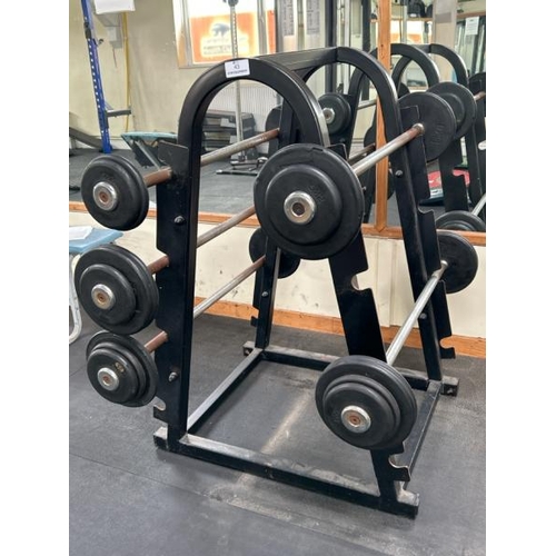 43 - WEIGHT RACK TO INCLUDE 9KG, 14KG, 19KG, 24KG AND 29KG STRAIGHT BARS, RACK DIMENSIONS 125CM (H) X 70C... 