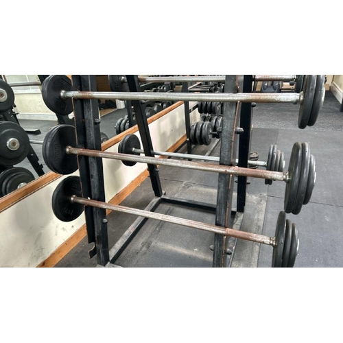 43 - WEIGHT RACK TO INCLUDE 9KG, 14KG, 19KG, 24KG AND 29KG STRAIGHT BARS, RACK DIMENSIONS 125CM (H) X 70C... 