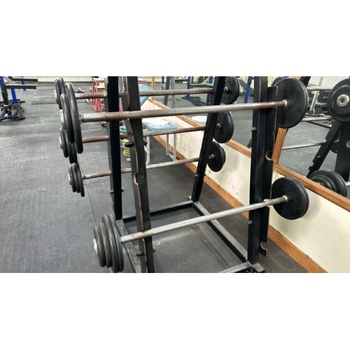 43 - WEIGHT RACK TO INCLUDE 9KG, 14KG, 19KG, 24KG AND 29KG STRAIGHT BARS, RACK DIMENSIONS 125CM (H) X 70C... 