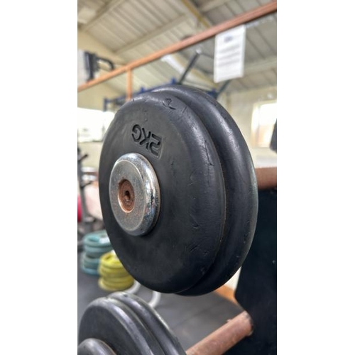 43 - WEIGHT RACK TO INCLUDE 9KG, 14KG, 19KG, 24KG AND 29KG STRAIGHT BARS, RACK DIMENSIONS 125CM (H) X 70C... 