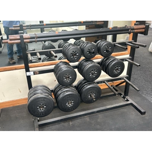 44 - WEIGHT RACK TO INCLUDE X5 STRAIGHT BARS, X10 1.1KG, X12 2.3KG, X11 4.5KG YORK WEIGHT PLATES, RACK DI... 