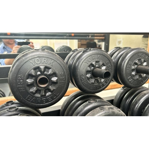 44 - WEIGHT RACK TO INCLUDE X5 STRAIGHT BARS, X10 1.1KG, X12 2.3KG, X11 4.5KG YORK WEIGHT PLATES, RACK DI... 