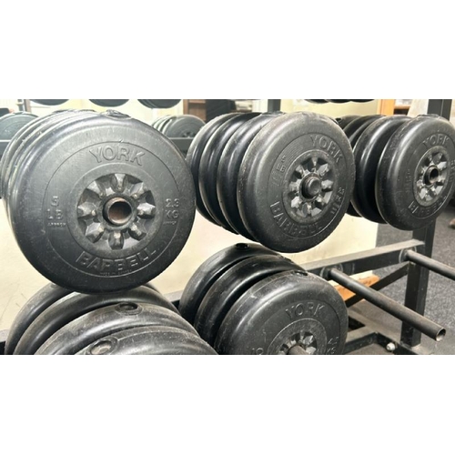 44 - WEIGHT RACK TO INCLUDE X5 STRAIGHT BARS, X10 1.1KG, X12 2.3KG, X11 4.5KG YORK WEIGHT PLATES, RACK DI... 