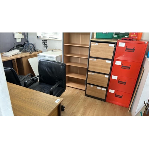 54 - OFFICE CONTENTS TO INCLUDE X2 OFFICE CHAIRS, X2 FILING CABINETS, HOOVER FRIDGE, SHELF UNIT, X1 DESK ... 