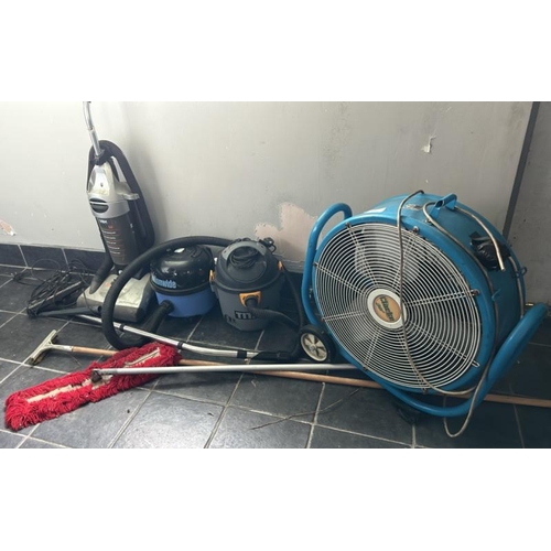 65 - X3 VACUUMS INCL. VAX AND TITAN, WITH A CLARKE CAM5002 INDUSTRIAL FAN, ALL UNTESTED, AS FOUND