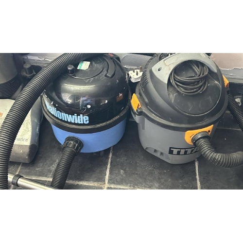 65 - X3 VACUUMS INCL. VAX AND TITAN, WITH A CLARKE CAM5002 INDUSTRIAL FAN, ALL UNTESTED, AS FOUND