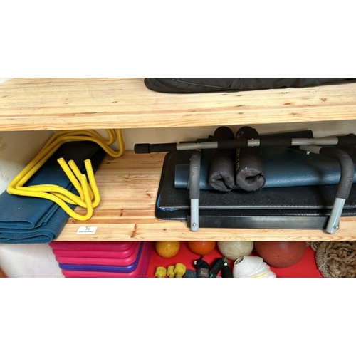 73 - A SHELF OF EXERCISE ITEMS INCL. X4 HURDLES, MATS AND CHIN UP BAR