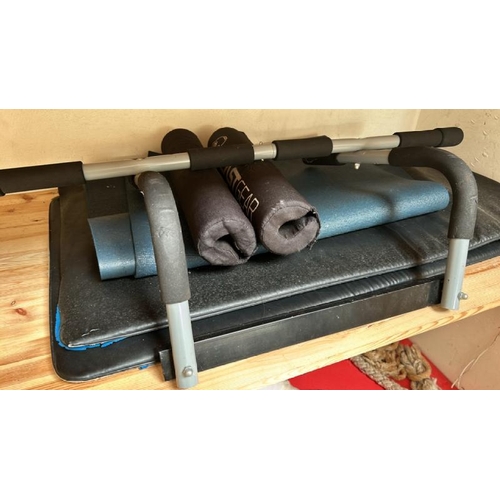 73 - A SHELF OF EXERCISE ITEMS INCL. X4 HURDLES, MATS AND CHIN UP BAR