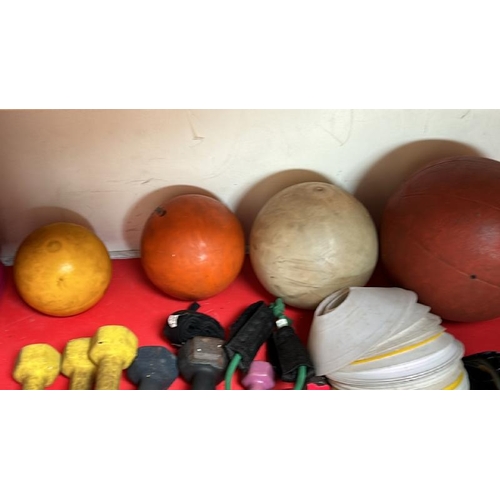 74 - A SHELF OF EXERCISE ITEMS INCL. ASSORTED DUMBELLS, CONES, MEDICINE BALLS ETC.