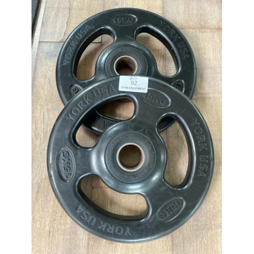 92 - X2 YORK 15KG RUBBER WEIGHT PLATES