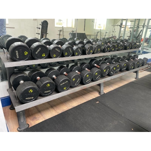 97 - TUFFTECH DUMBELL SET AND RACK, TO INCLUDE X16 PAIRS OF DUMBELLS FROM 4KG TO 40KG, APPROX OVERALL MEA... 