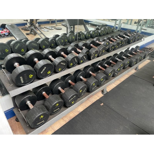 97 - TUFFTECH DUMBELL SET AND RACK, TO INCLUDE X16 PAIRS OF DUMBELLS FROM 4KG TO 40KG, APPROX OVERALL MEA... 