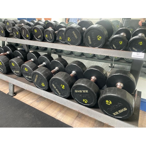 97 - TUFFTECH DUMBELL SET AND RACK, TO INCLUDE X16 PAIRS OF DUMBELLS FROM 4KG TO 40KG, APPROX OVERALL MEA... 