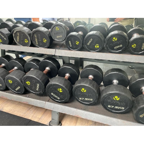 97 - TUFFTECH DUMBELL SET AND RACK, TO INCLUDE X16 PAIRS OF DUMBELLS FROM 4KG TO 40KG, APPROX OVERALL MEA... 