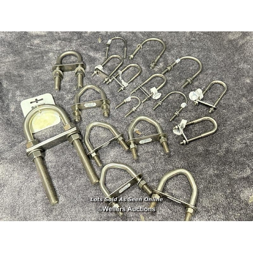 846 - VARIOUS STAINLESS STEEL DECK U BOLTS WITH PLATES INCLUDING 6KMM, 10MM AND 14MM