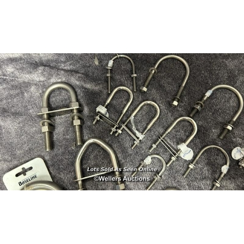 846 - VARIOUS STAINLESS STEEL DECK U BOLTS WITH PLATES INCLUDING 6KMM, 10MM AND 14MM