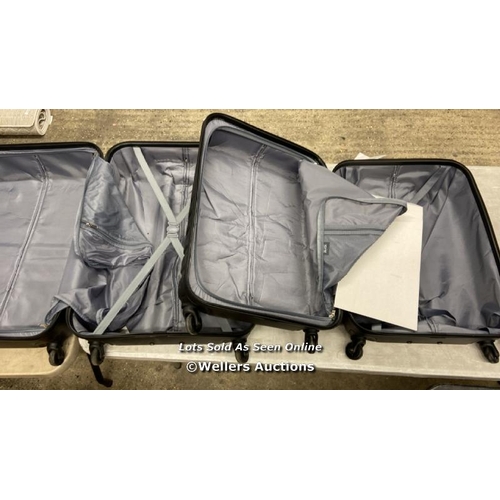 80 - ROCK BYRON 3 PIECE HARDSIDE SUITCASE SET IN BLACK / HEAVY SIGNS OF USE / ZIPS BROKEN OFF / LOCKED / ... 