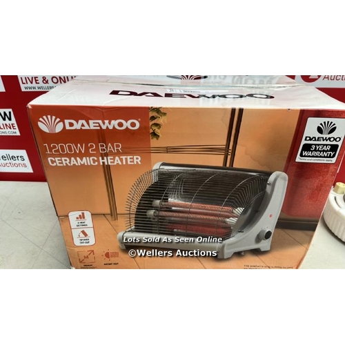 7482 - DAEWOO CERAMIC HEATER, 1200W, 2 BAR, IDEAL FOR MEDIUM ROOMS, 2 HEAT SETTINGS, INSTANT HEAT, TIP OVER... 