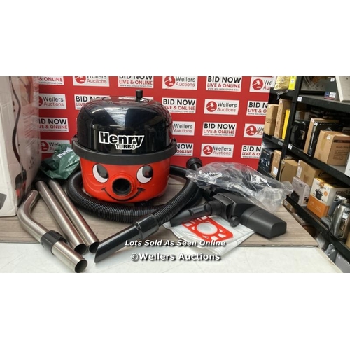 7489 - HENRY TURBO VACUUM CLEANER / POWERS UP / ABSOLUTE MINIMAL SIGNS OF USE WITH SEALED ITEMS INSIDE BOX ... 