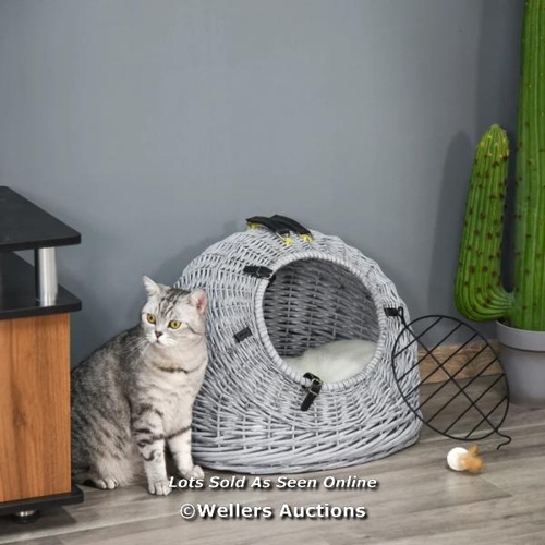 3136 - PAWHUT WICKER PET CARRIER BASKET CAT KITTEN BED PORTABLE TRAVEL CAGE W/ SOFT CUSHION HANDLE GREY 50 ... 