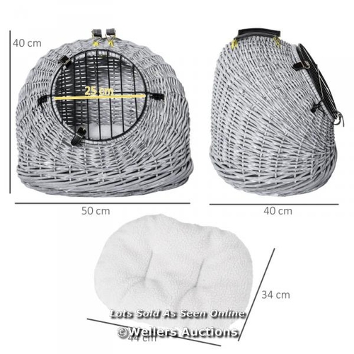 3136 - PAWHUT WICKER PET CARRIER BASKET CAT KITTEN BED PORTABLE TRAVEL CAGE W/ SOFT CUSHION HANDLE GREY 50 ... 