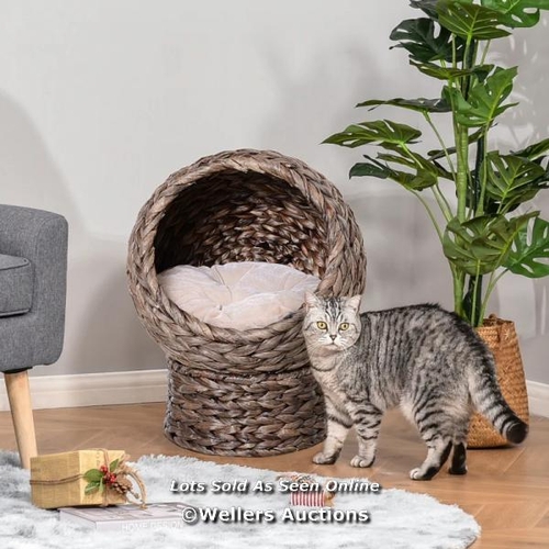 3137 - PAWHUT WICKER CAT BED, RAISED RATTAN CAT BASKET WITH CYLINDRICAL BASE, SOFT WASHABLE CUSHION, 42 X 3... 