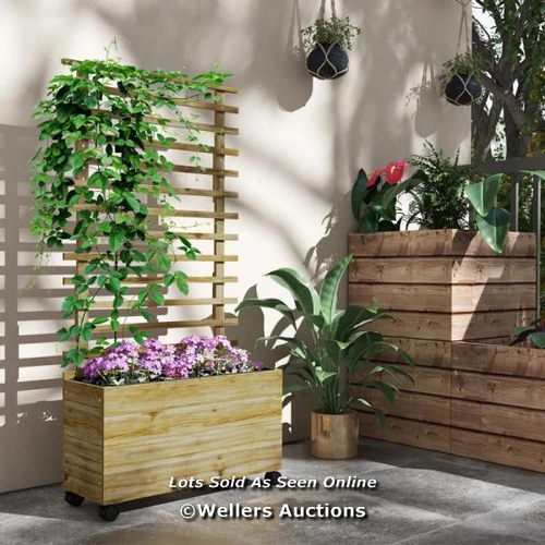 3155 - OUTSUNNY WOODEN GARDEN RAISED BED WITH TRELLIS, PLANTER BOX WITH 4 WHEELS FOR CLIMBING PLANTS, 76X30... 