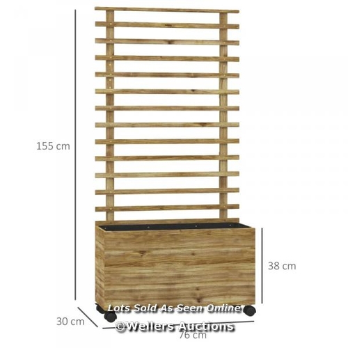 3155 - OUTSUNNY WOODEN GARDEN RAISED BED WITH TRELLIS, PLANTER BOX WITH 4 WHEELS FOR CLIMBING PLANTS, 76X30... 