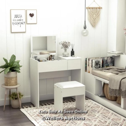 3177 - MAKEUP DESK WITH DRAWER, VANITY TABLE SET WITH FLIP-UP MIRROR AND CUSHIONED STOOL / C