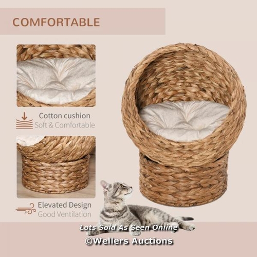 3205 - PAWHUT WICKER CAT BED, RAISED RATTAN CAT BASKET WITH CYLINDRICAL BASE, SOFT WASHABLE CUSHION, 50 X 4... 