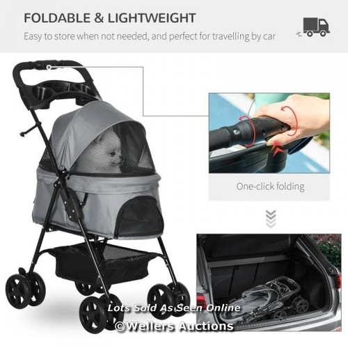 3213 - PAWHUT PET STROLLER, FOLDABLE CAT DOG PUSHCHAIR, PET TRAVEL CARRIAGE WITH 4 WHEELS, ADJUSTABLE CANOP... 