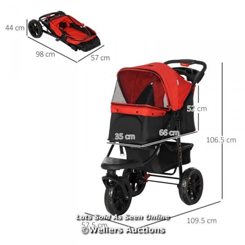 3216 - PAWHUT DOG STROLLER, FOLDING PET STROLLER, 3 WHEEL DOG JOGGER TRAVEL CARRIER WITH ADJUSTABLE CANOPY,... 