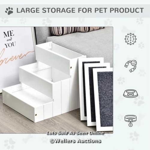 3222 - PAWHUT 3 STEP WOODEN DOG STEPS PET STAIRS FOR DOGS, CAT LADDER FOR BED COUCH WITH STORAGE WHITE / C