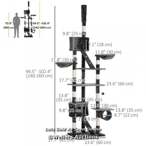 3227 - PAWHUT CAT TOWER FLOOR-TO-CEILING 240-260CM INDOOR CAT TREE, ADJUSTABLE CAT POST WITH CONDOS, RAMPS,... 