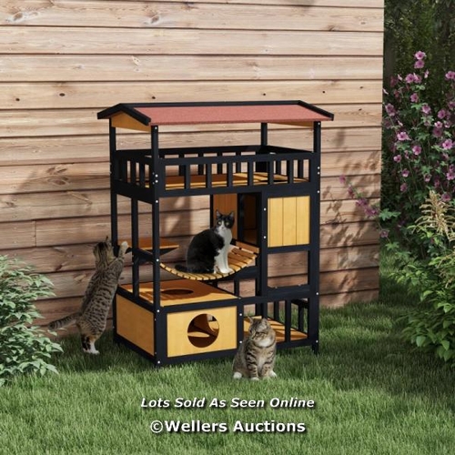 3233 - PAWHUT FOUR-TIER OUTDOOR WOODEN CAT HOUSE WITH BRIDGE, BALCONY & ESCAPE DOORS / W1