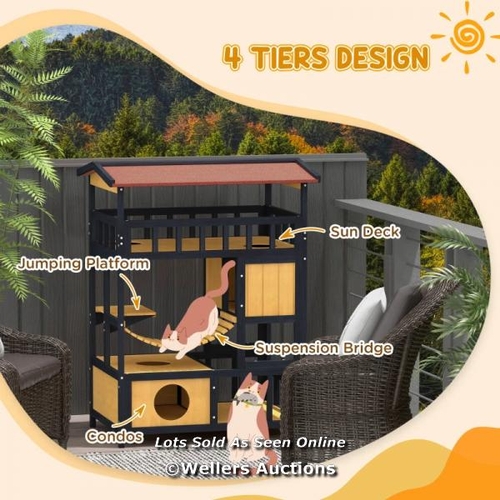 3233 - PAWHUT FOUR-TIER OUTDOOR WOODEN CAT HOUSE WITH BRIDGE, BALCONY & ESCAPE DOORS / W1