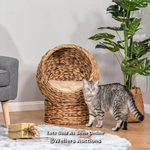 3249 - PAWHUT WICKER CAT BED, RAISED RATTAN CAT BASKET WITH CYLINDRICAL BASE, SOFT WASHABLE CUSHION, 50 X 4... 