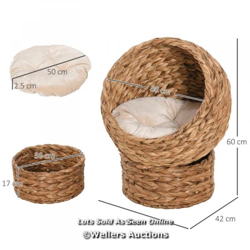 3249 - PAWHUT WICKER CAT BED, RAISED RATTAN CAT BASKET WITH CYLINDRICAL BASE, SOFT WASHABLE CUSHION, 50 X 4... 