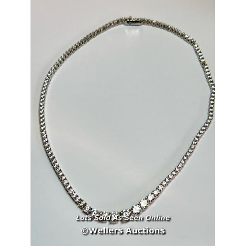 6669 - DIAMOND FIRE 925 SILVER AND CUBIC ZIRCONIA GRADUATED NECKLACE, DAMAGED. 43CM LONG, 28.4G (272498) / ... 