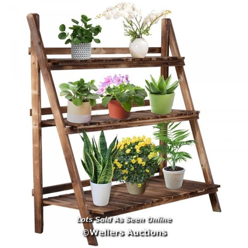 3263 - OUTSUNNY WOODEN FOLDING FLOWER POT STAND 3 TIER GARDEN PLANTER DISPLAY LADDER GARDENER STORAGE SHELV... 