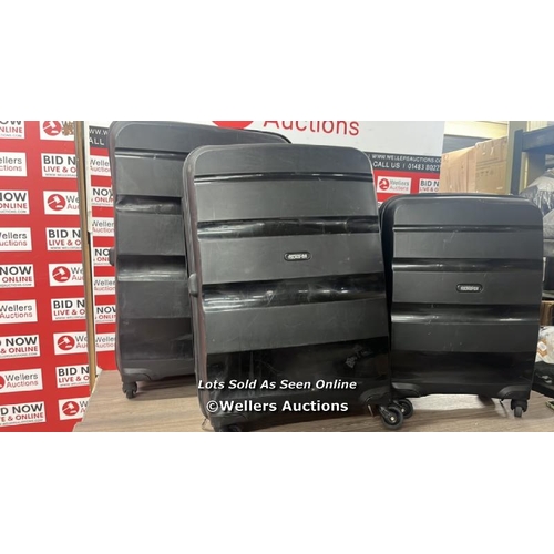 6089 - AMERICAN TOURISTER BON AIR 3 PC. BLACK SUIT CASE SET / SIGNS OF USE / MEDIUM CASE DAMAGED WHEEL / C2... 