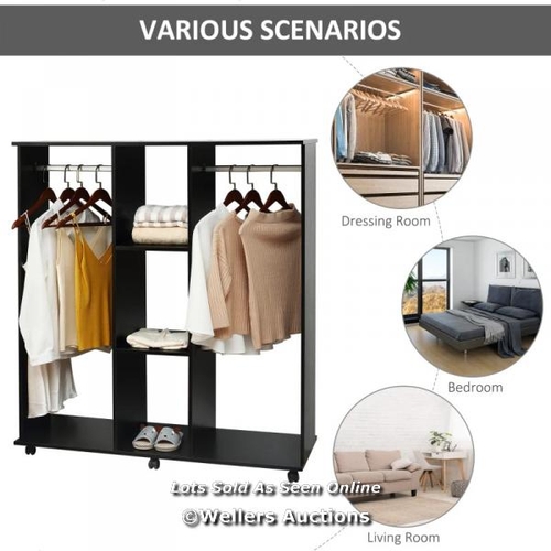 6582 - HOMCOM DOUBLE OPEN WARDROBE ON WHEELS, BEDROOM WARDROBE WITH CLOTHES HANGING RAILS, 3 STORAGE SHELVE... 