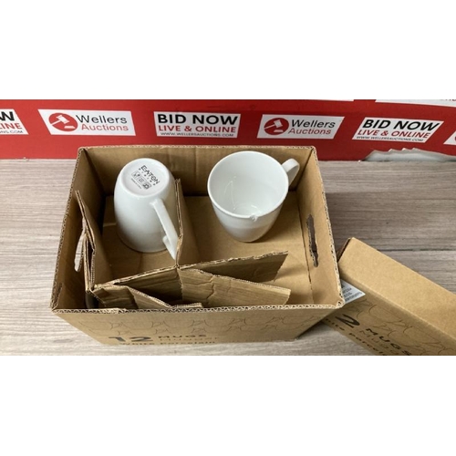 21 - PORCELAIN MUG SET / 9 MUGS ONLY / ONE HAS A CHIP / E8